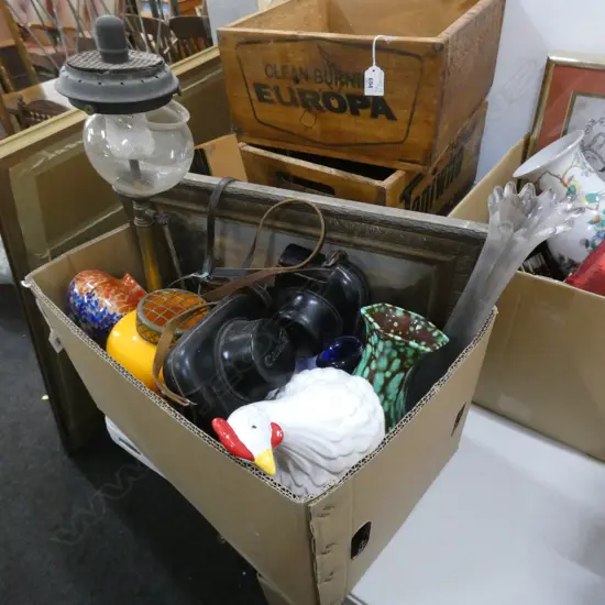 BOX LOT COLONIAL OIL ON TIN, CHICKEN, CLOCK, VASES, CAMERAS ETC