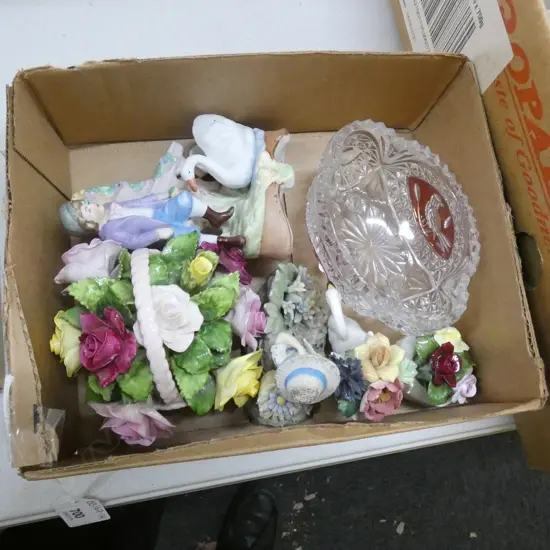 SM BOX FIGURINES & COLLECTABLES; PORCELAIN FLOWERS / VINTAGE GLASS ETC.