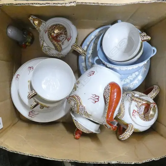 BOX LOT JAPANESE DRAGON TEA SET, WEDGWOOD ETC