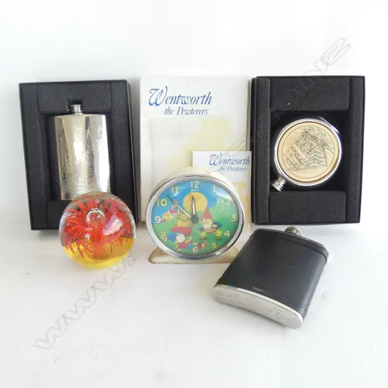 3 FLASKS, SMITHS NODDY CLOCK & PAPER WEIGHT 