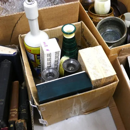 BOX LOT 3 RUSSIAN LACQUER BOXES, PR PEWTER CANDLESTICKS ETC