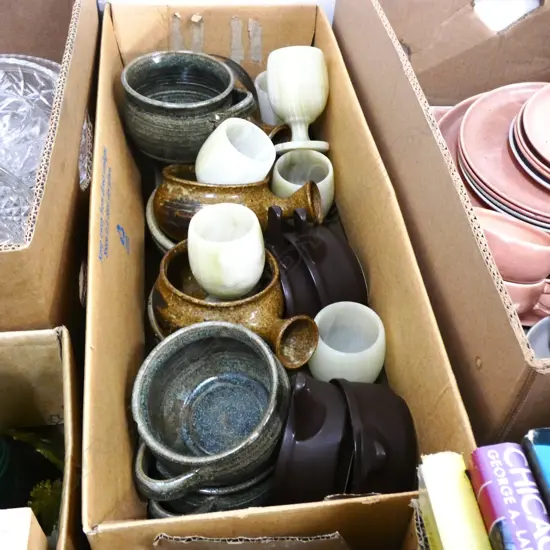BOX LOT 13 ASST. CERAMIC SOUP BOWLS, 6 ONYX WINE CUPS