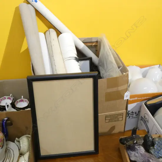 BOX LOT ASST. FRAMES, ARTWORKS ETC