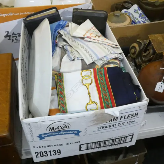 BOX LOT VINTAGE LINENS, TEA TOWELS, ETC