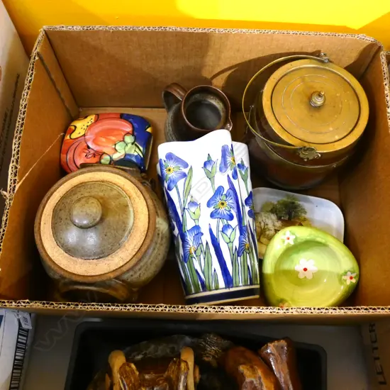 SM BOX LOT ASST INCL. POTTERY / WOODEN & BRASS ICE BUCKET ETC.