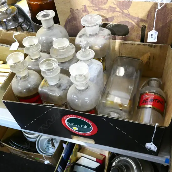 BOX 10 ANTIQUE PHARMACY BOTTLES 