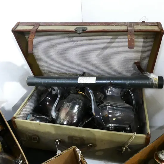 OLD SUITCASE FULL OF EPNS CUTLERY, TEA SETS ETC