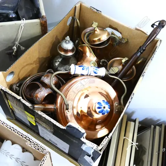 BOX COPPER POTS/ KETTLE W DELFT HANDLE  / JUGS  ETC.