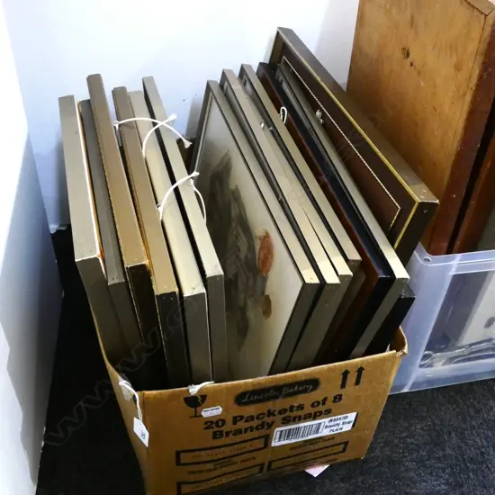 BOX ASST OLD FRAMED PRINTS / PAINTINGS 