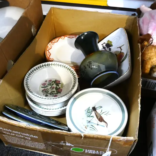 BOX LOT ASST CHINA INCL PORTMEIRION / ROYAL WORCESTER / WADE ETC..