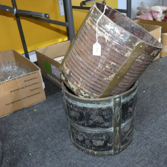 2 OLD WOODEN ETHNIC BUCKETS H.250mm 270mm dia