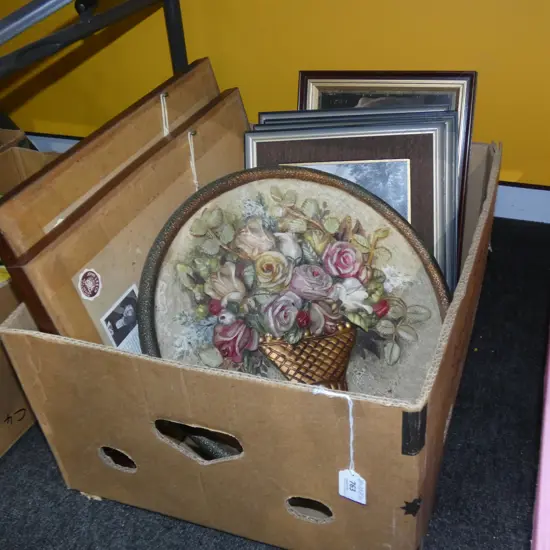 LOT ASST FRAMED PRINTS + PLASTER FLORAL RELIEF PLAQUE