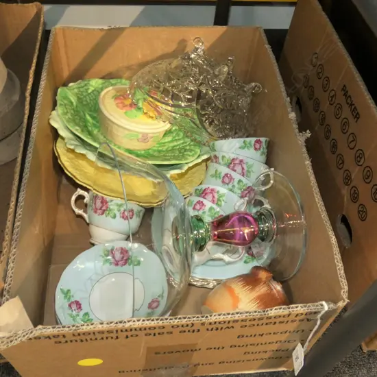 BOX ASST PORCELAIN / CHINA  & GLASS INCL COLCLOUGH TEASET / CROWN DEVON ETC.