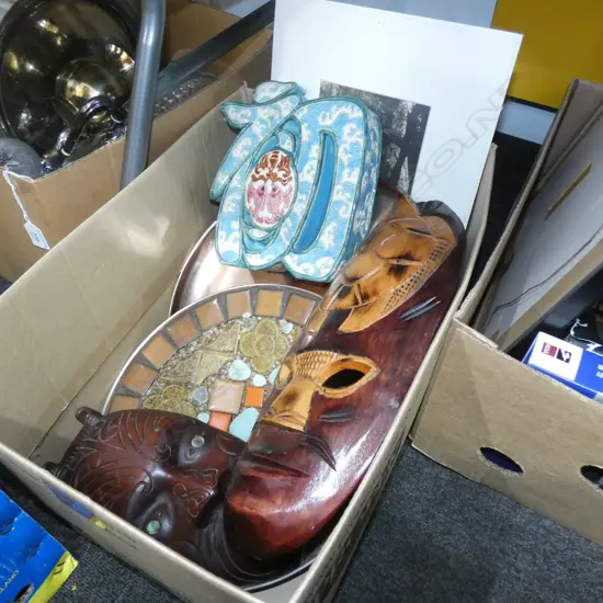 BOX LOT WOODEN MASKS, PHOTOS, TRAYS ETC