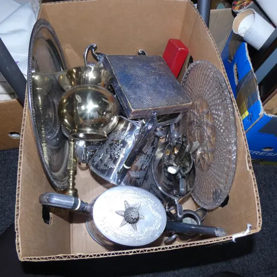 BOX LOT SILVER PLATE ETC..