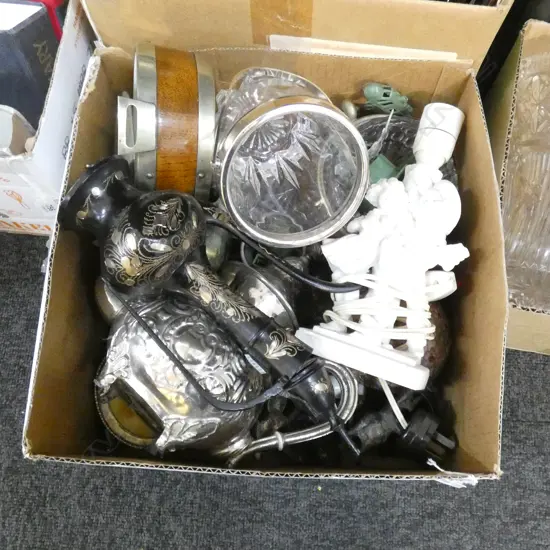 BOX LOT ASST INCL GLASS ICE BUCKET / LAMP BASE ETC.