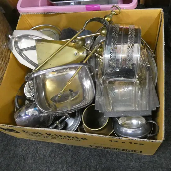 LG BOX LOT ASST SILVER PLATE & BRASS FIRE TOOLS ETC.