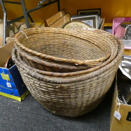 3 VINTAGE WOVEN BASKETS 530mm dia