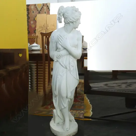 RECONSTITUTED MARBLE GARDEN STATUE; HALF CLOTHED GREEK WOMAN H.1250mm