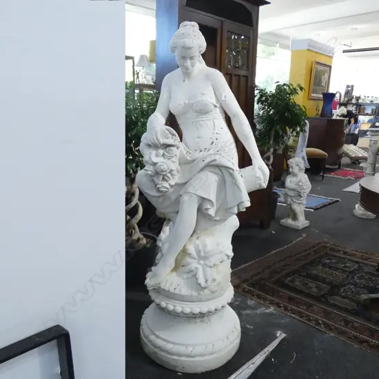 RECONSTITUTED MARBLE GARDEN STATUE; WOMAN ON LOG H.1500mm