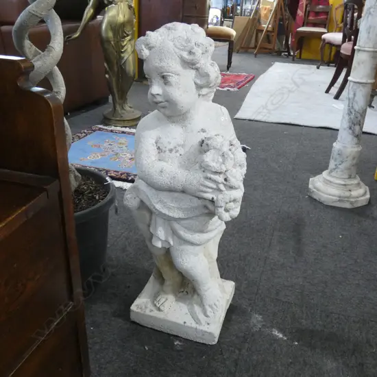 RECONSTITUTED MARBLE GARDEN STATUE; CHERUB w. FLOWERS H.700mm