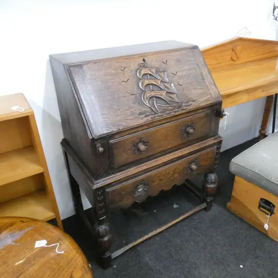 OAK DROP FRONT DESK - CARVED SAILING SHIP ON FRONT L 770MM