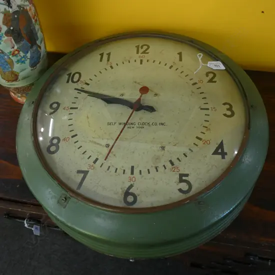 OLD GREEN METAL TIN PLATE SELF WINDING CLOCK DIA 480MM