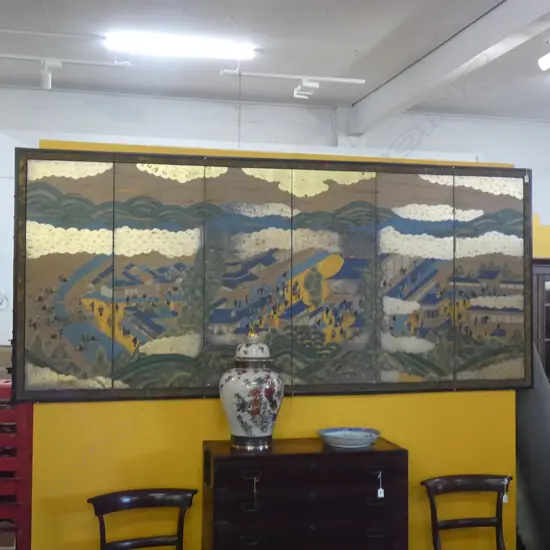 JAPANESE 19TH C 6 PANEL SCREEN COURT SCENES H1160 W2550