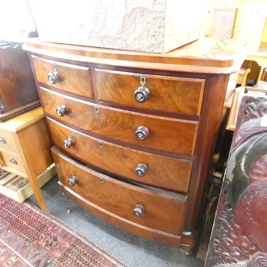 MAHOGANY BOW FRONT CHEST OF DRAWERS FAUX MOP INLAY ON HANDLES 1100 X 550MM