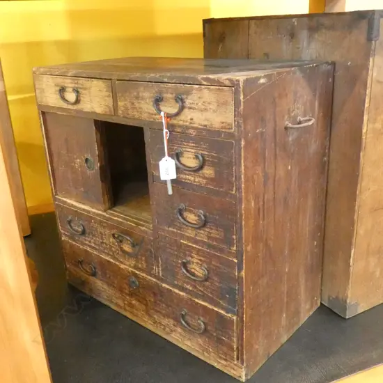 OLD JAPANESE TANSU CHEST 7-DRAWER 2 SLIDING CUPBOARDS / W KEY