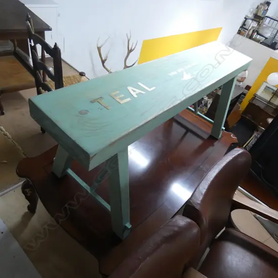 'TEAL' STENCILLED BENCH SEAT L.1345mm