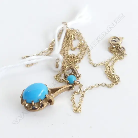 EDWARDIAN STYLE 9CT GOLD & TURQUOISE PENDANT NECKLACE