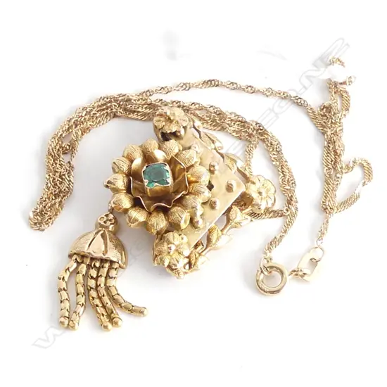 ANTIQUE 18CT GOLD FANCY PENDANT W TASSLE ON 9CT CHAIN 5gms