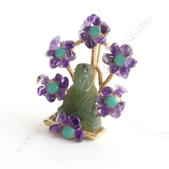 JADE & GEMSTONE BUDDHA BROOCH