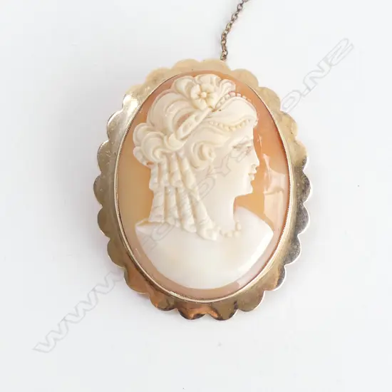 9CT GOLD FRAMED CAMEO BROOCH ELEGANT WOMAN