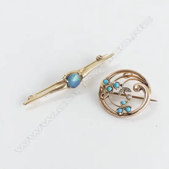 2 ANTIQUE GOLD BROOCHES TURQUOISE ETC 5.14gms