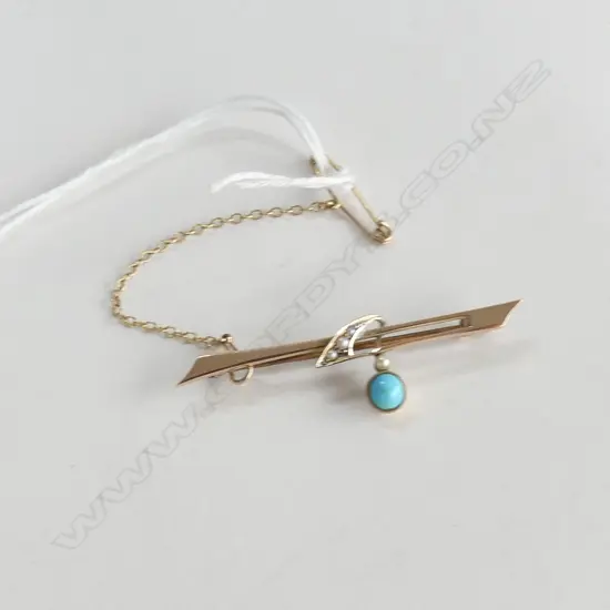 9CT TURQUOISE & SEED PEARL BROOCH 2.4 GRAMS