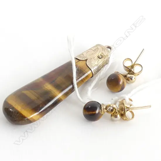 9CT GOLD & TIGER'S EYE BAR BROOCH & PR EARRINGS