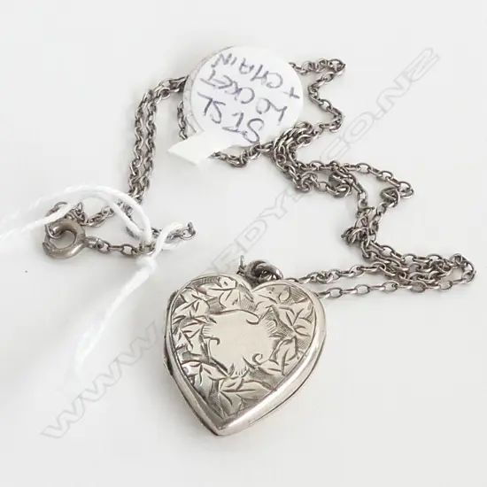 ENGRAVED SILVER HEART LOCKET ON SILVER CHAIN