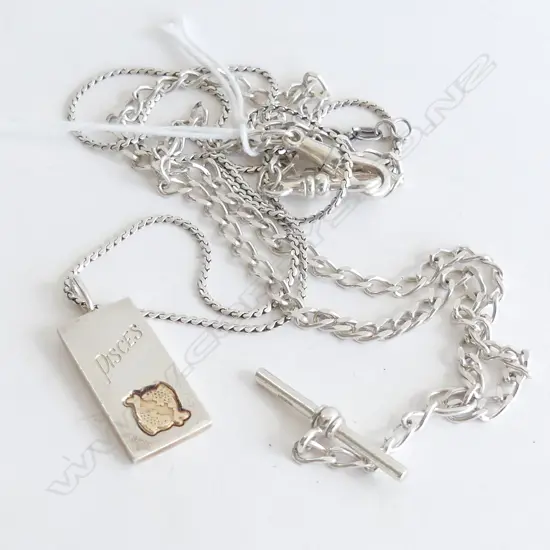 2 SILVER NECKLACES. MODERN ALBERT CHAIN + 1 W PISCES PENDANT