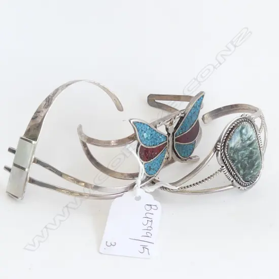 3 MEXICAN SILVER CUFF BANGLES w. EMBELLISHMENTS 79 GRAMS 
