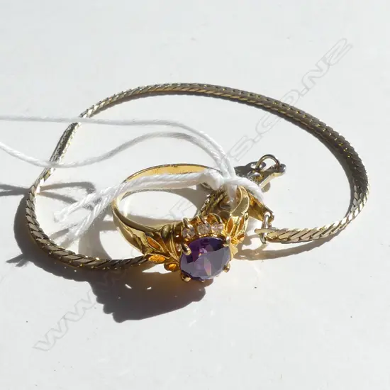 14K GOLD PLATE BRACELET & 18K GOLD PLATE RING WITH PURPLE STONE 