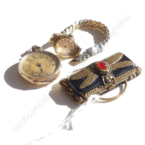 14 CT GOLD LADIES WATCH (A/F) + SM POCKET WATCH & LG DRAGONFLY PENDANT 