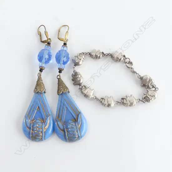 SILVER ELEPHANT BRACELET + PR DECO BLUE PLASTIC DROP EARRINGS