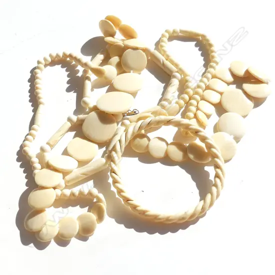 3 ASST VINTAGE BONE CARVED BEAD NECKLACES & BANGLE 