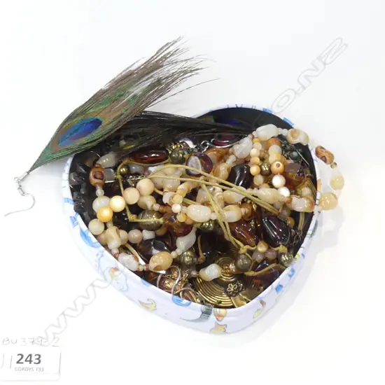 BLUE HEART TIN OF ASST COSTUME JEWELLERY 