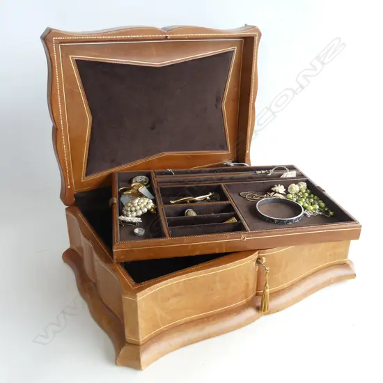 TOOLED LEATHER GILT JEWEL BOX SERPENTINE FORM WITH KEYS + CONTENTS