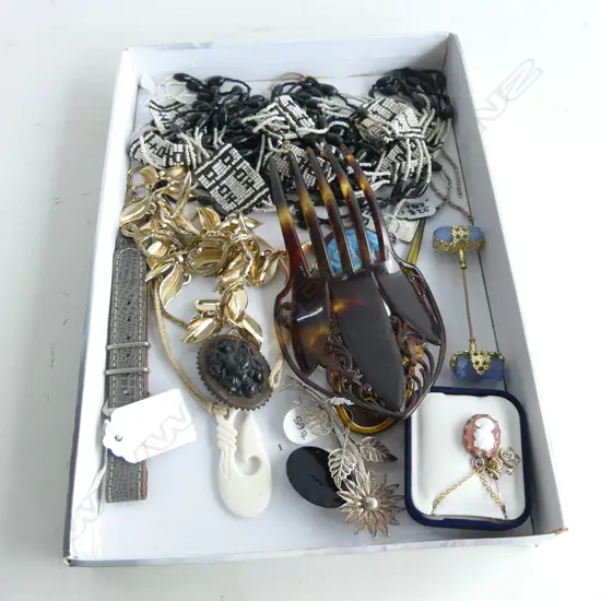 ASST. COSTUME JEWELLERY + SILVER INGOT + MOURING BROOCHES + 2 9CT PENDANTS ETC