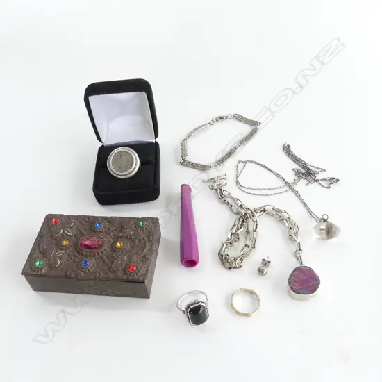 2 RINGS ( 1 COIN SET) SILVER NECKLACES + SILVER ENAMEL BROOCH ETC
