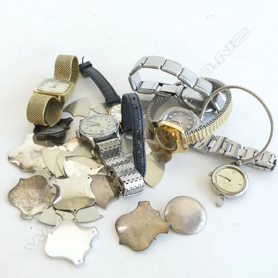 ASST. VINTAGE WATCHES + STG / SILVER METAL SHIELDS 